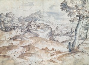 Bosrijk landschap met dorp en kerk door Tiziano Vecelli